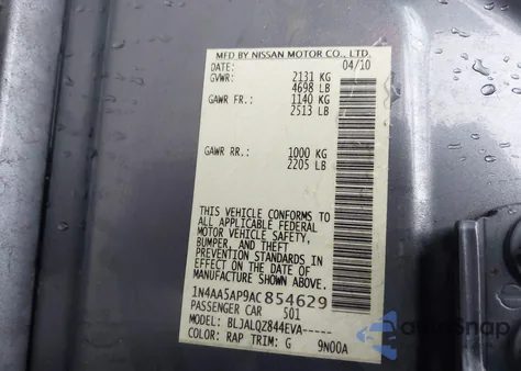 2010 Nissan Maxima 3.5 S from USA, damaged, VIN 1N4AA5AP9AC854629